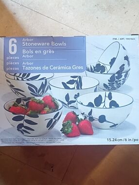 Arbor White Stoneware Bowls with Blue Leaf Pattern - Set of 6